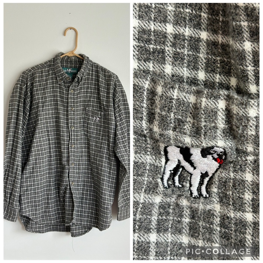 90s Gray Plaid Big Dogs Flannel Button Down Shirt Large Long Sleeve VTG